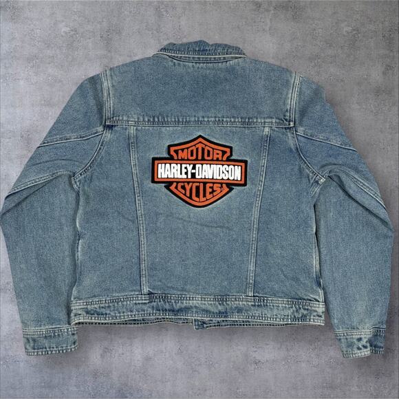Harley Davidson Motor Clothes Denim Jacket Women's Large Blue Embroidered Patch - Picture 1 of 11